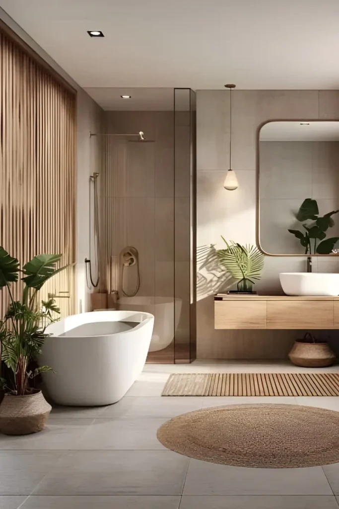 Bathroom with freestanding white tub, wooden slatted wall, floating wooden vanity, greenery accents, and neutral beige tiles.