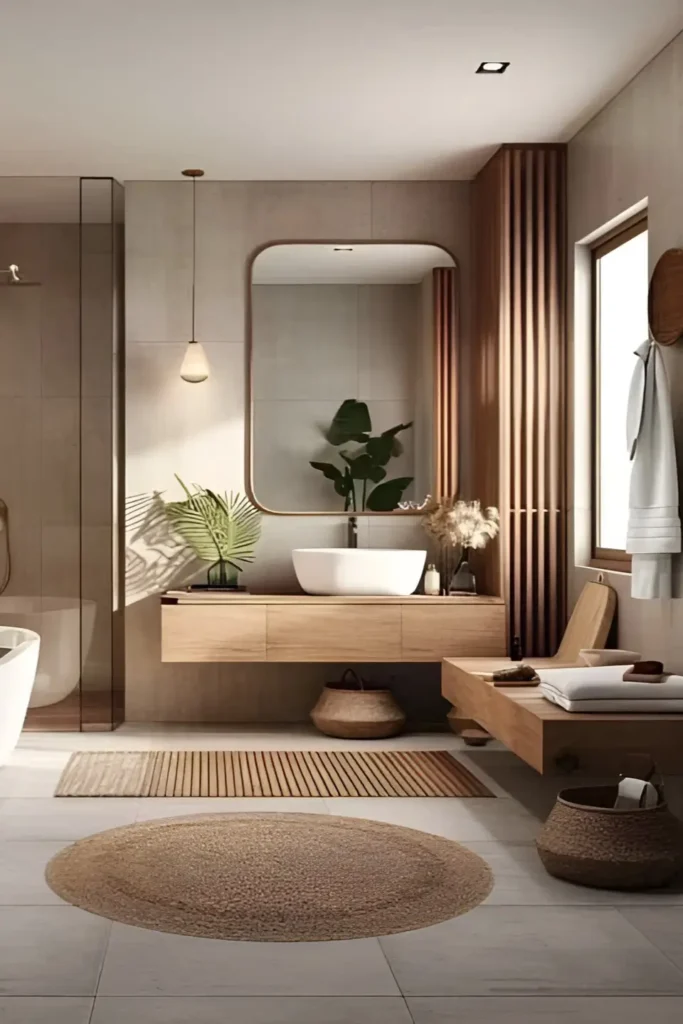 Bathroom with floating wood vanity, vessel sink, curved mirror, wooden slats, natural fiber accents, and greenery.