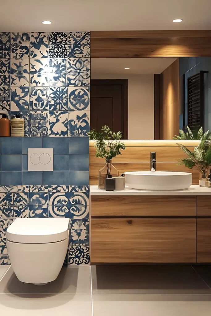 Mediterranean-inspired bathroom with patterned blue tiles, floating wooden vanity, vessel sink, and greenery accents.