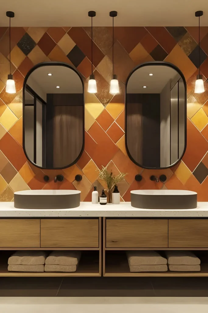 Rustic bathroom design with terracotta-toned tiles, twin oval mirrors, black fixtures, and a wooden double vanity.