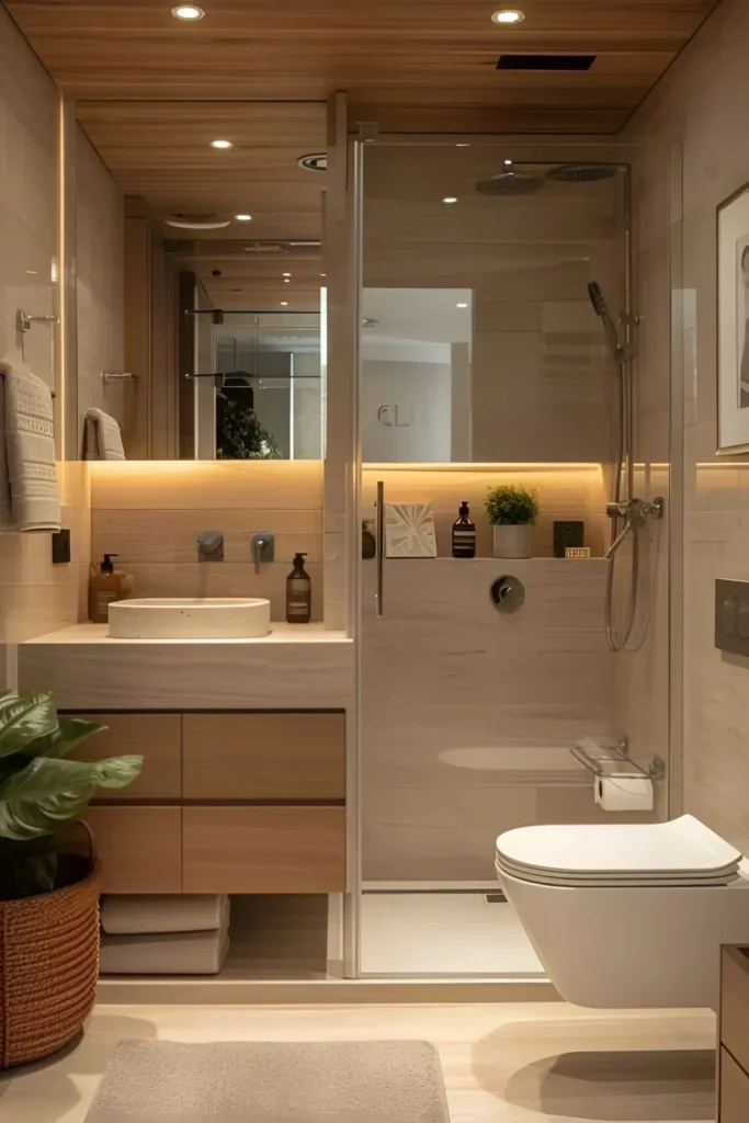 Cozy modern bathroom with a floating wooden vanity, ambient lighting, walk-in shower, and natural decor accents.