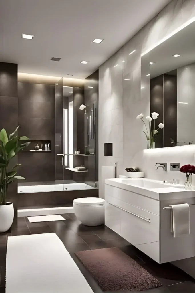 Modern monochromatic bathroom with dark walls, white floating vanity, walk-in shower, and green accents.