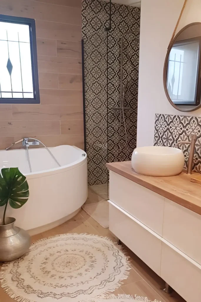 Rustic bathroom with geometric tile wall, freestanding curved bathtub, wooden vanity, and potted green plant.