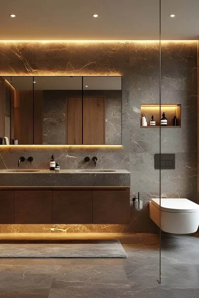 Luxurious minimalist bathroom with marble walls, floating vanity, warm under-lighting, and a built-in shelf.