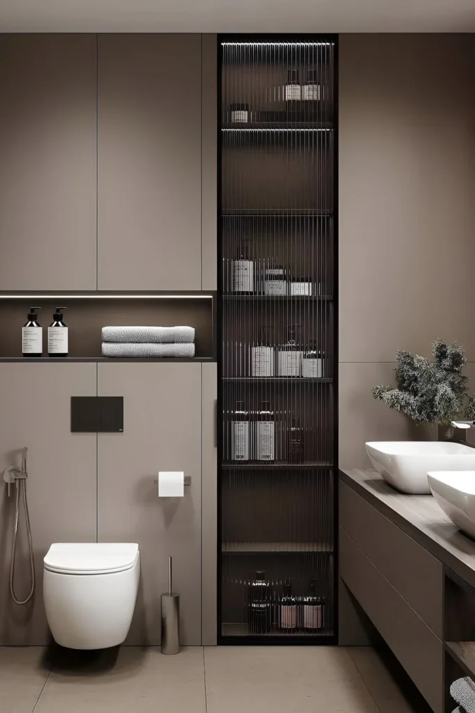 Modern bathroom with integrated cabinetry, ribbed-glass storage unit, and neutral-tone dual-sink vanity.