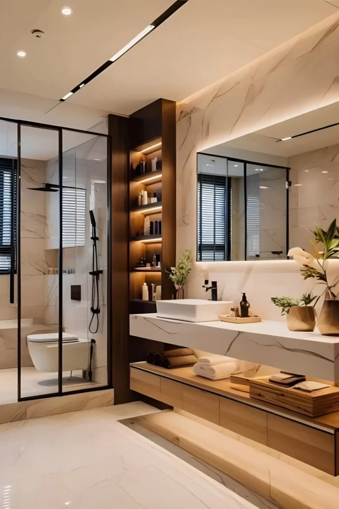 Modern bathroom featuring a marble vanity, warm wood accents, illuminated built-in shelves, and a black-framed shower.