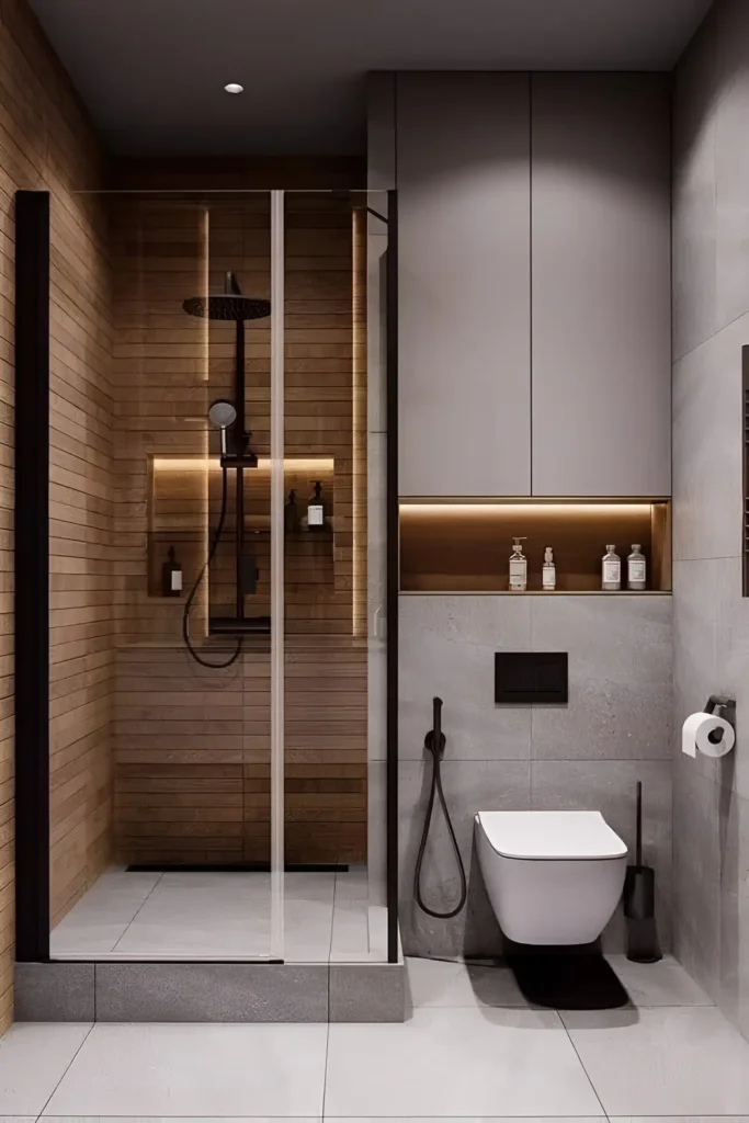 Modern Scandinavian bathroom with wood-panel shower, black matte fixtures, floating toilet, and recessed lighting.