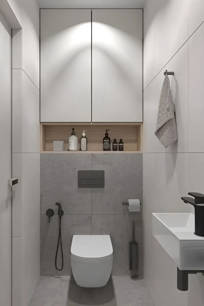 Compact modern bathroom with floating toilet, black fixtures, recessed wood shelving, and minimalist storage cabinets.

