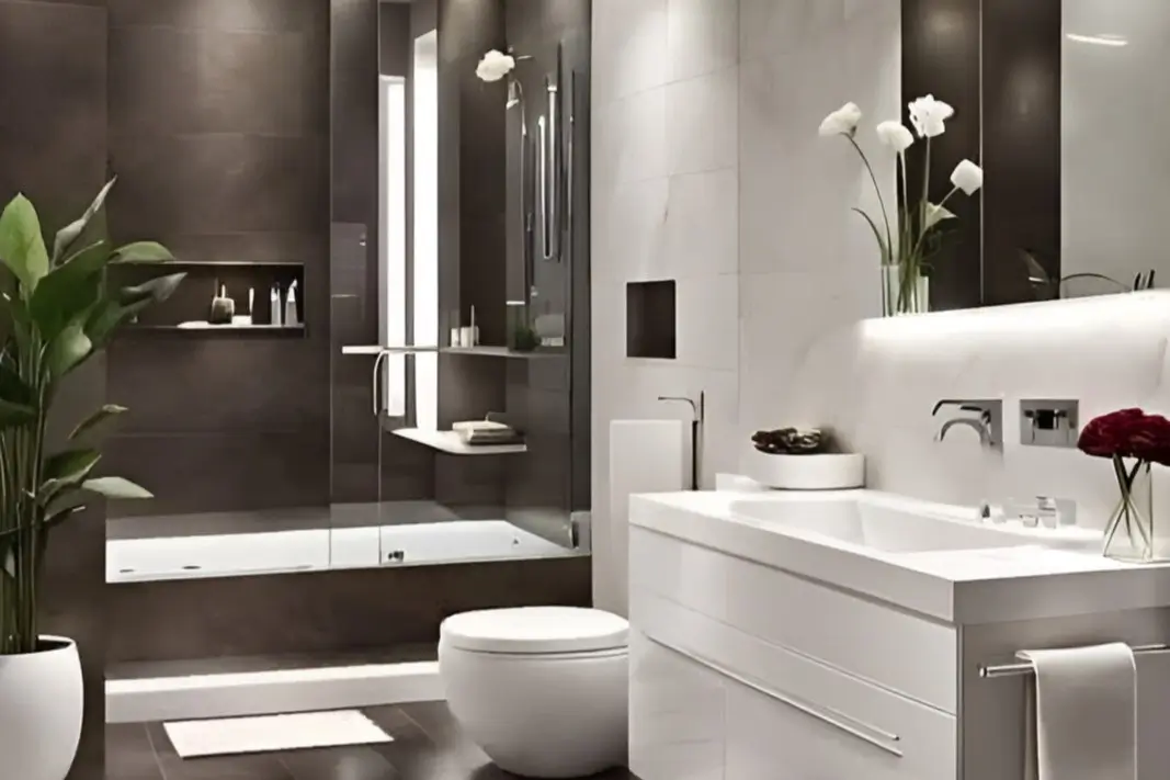 Modern monochromatic bathroom with dark walls, white floating vanity, walk-in shower, and green accents.