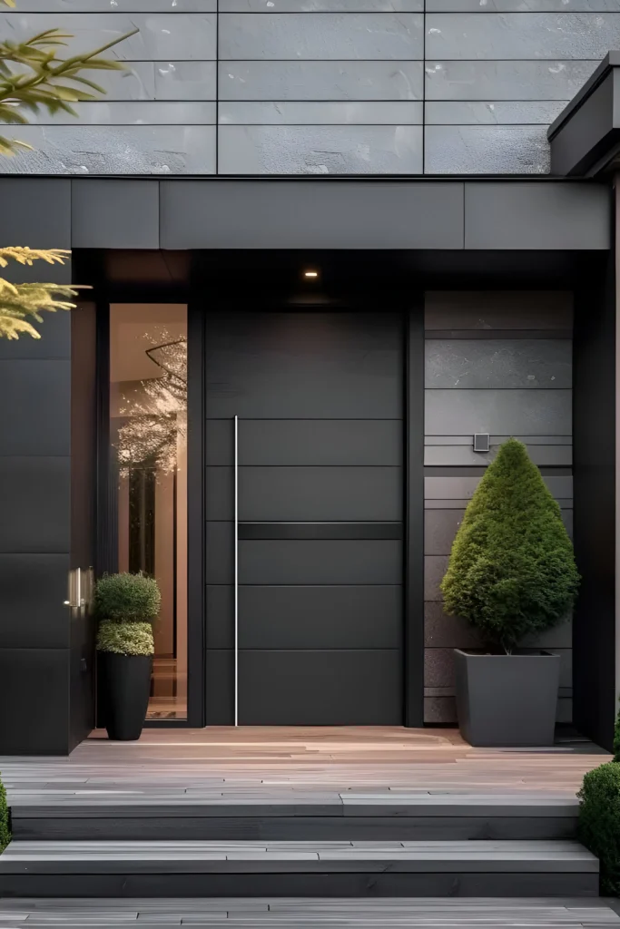 Modern black front door with horizontal panels, a slim vertical handle, and symmetrical potted greenery on a gray facade.