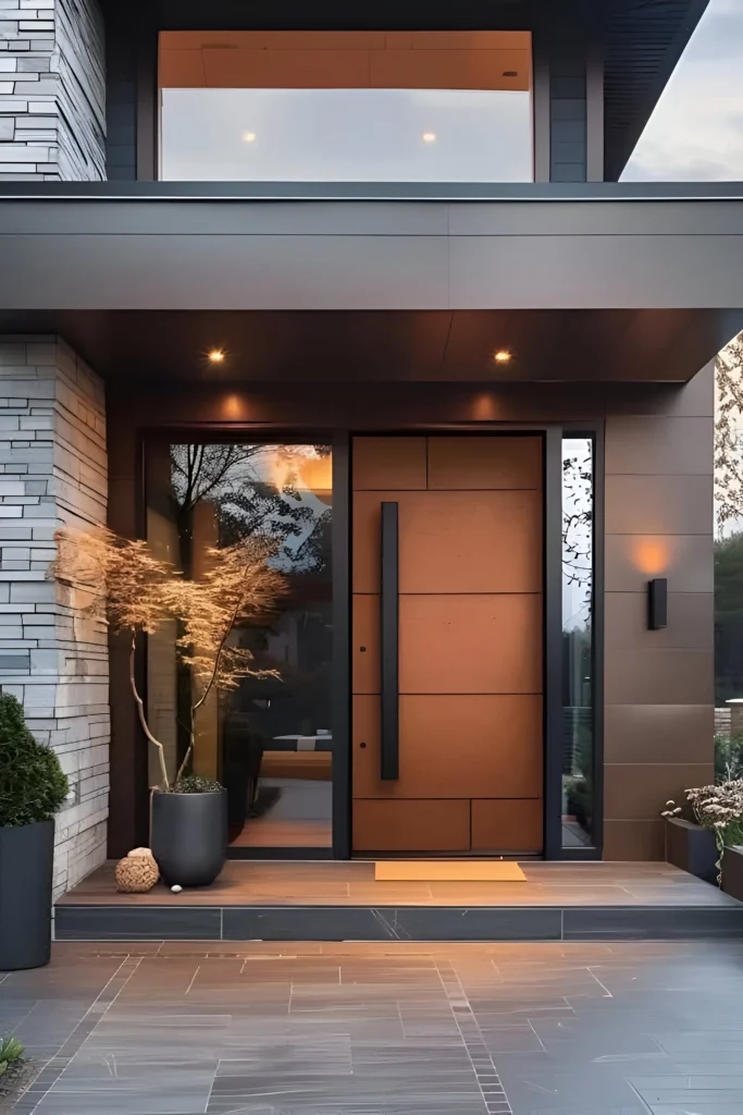 Modern wooden front door with vertical black handle, sidelights, and stone accents, illuminated by recessed lighting.