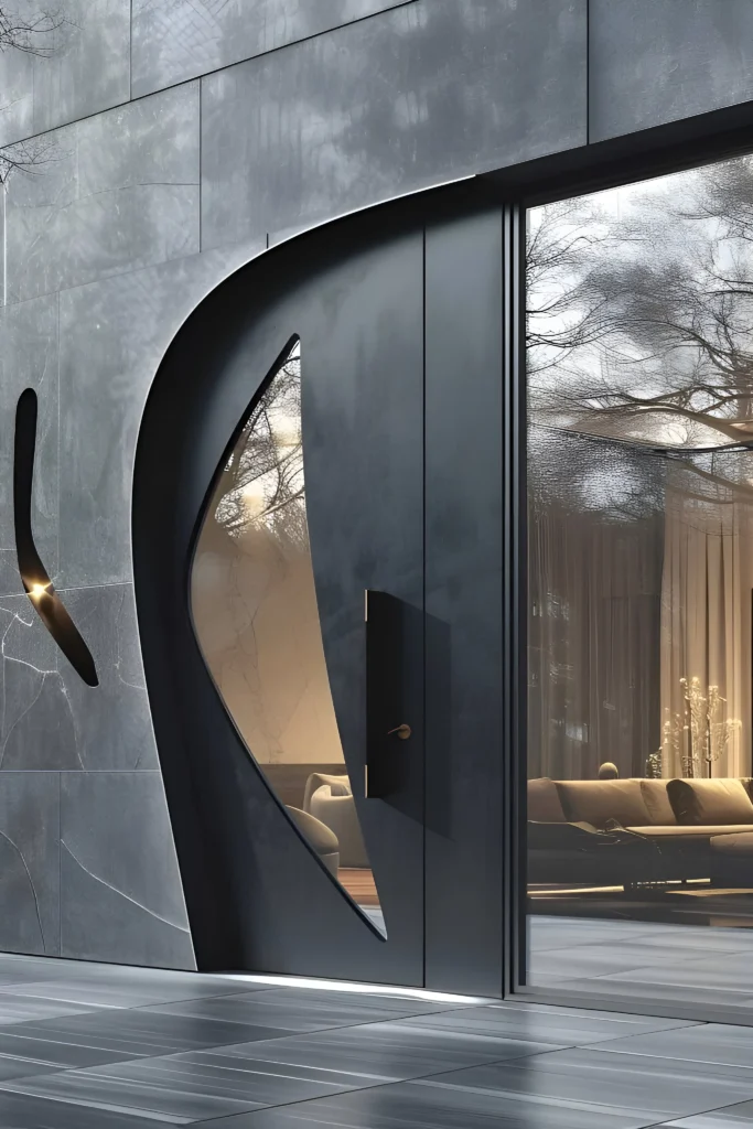 Modern black front door with sculptural curved cutouts, textured glass, and statement handle, set against a sleek facade.