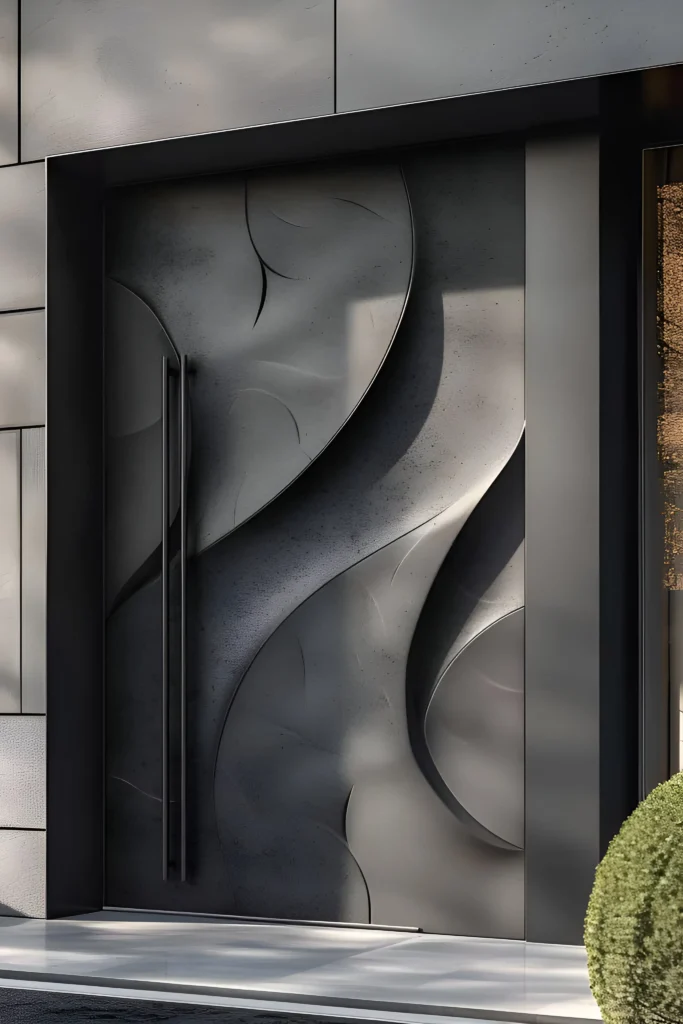 Modern front door with textured wave-like patterns, matte black finish, and a long vertical handle, creating a contemporary aesthetic.