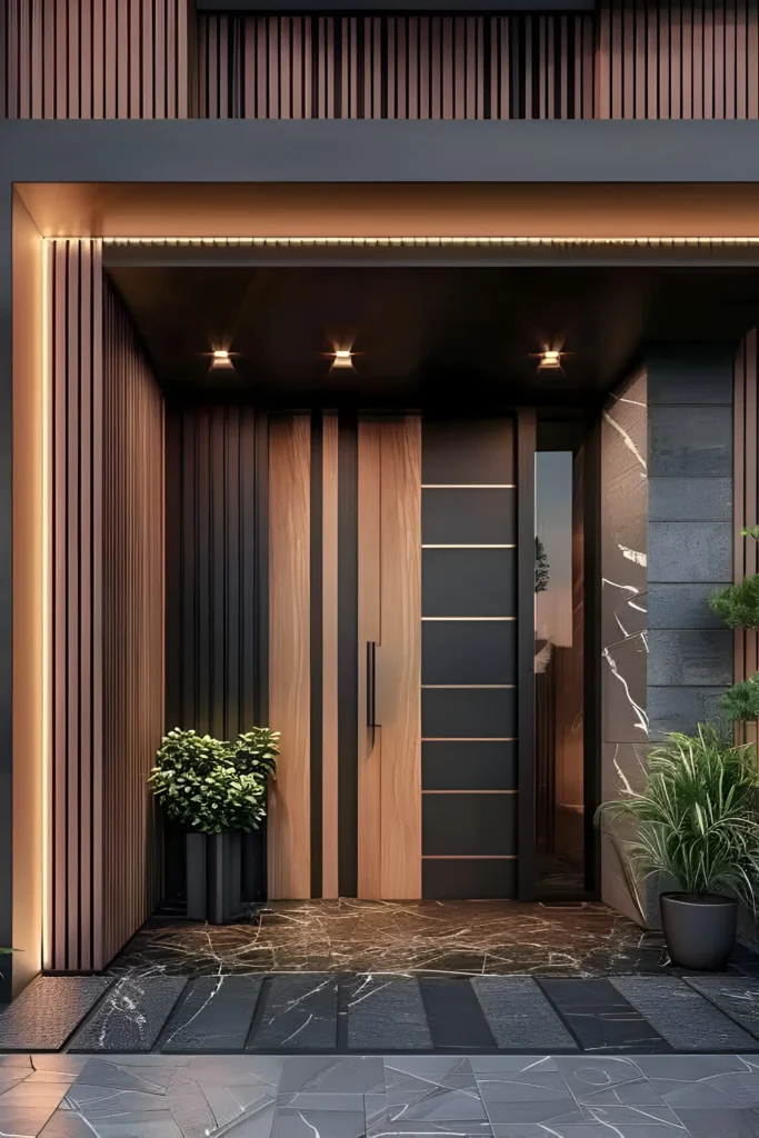 Modern front door with vertical wood and black panels, recessed lighting, and marble-patterned flooring surrounded by greenery.