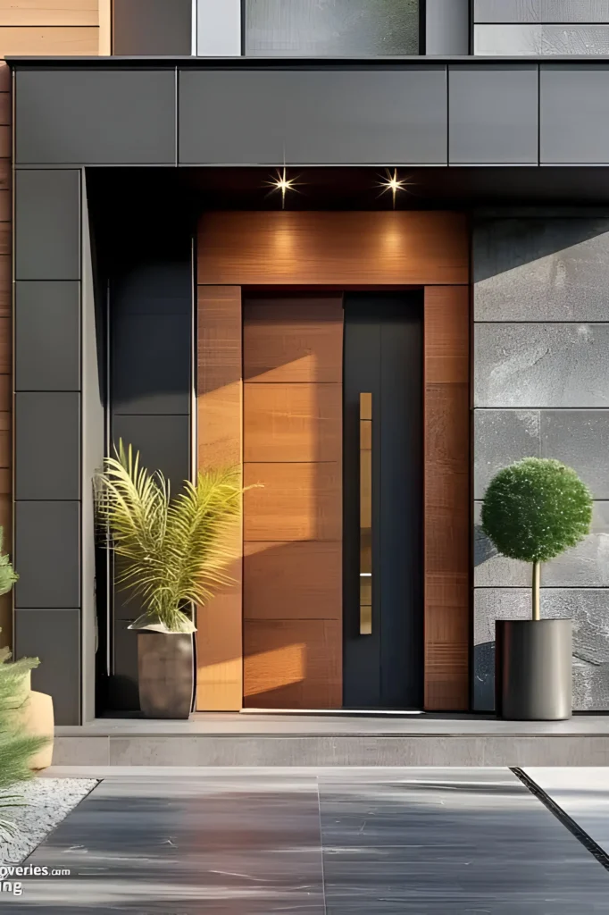 Modern front door with vertical glass panel, warm wood tones, black framing, and metallic handle, surrounded by potted plants.