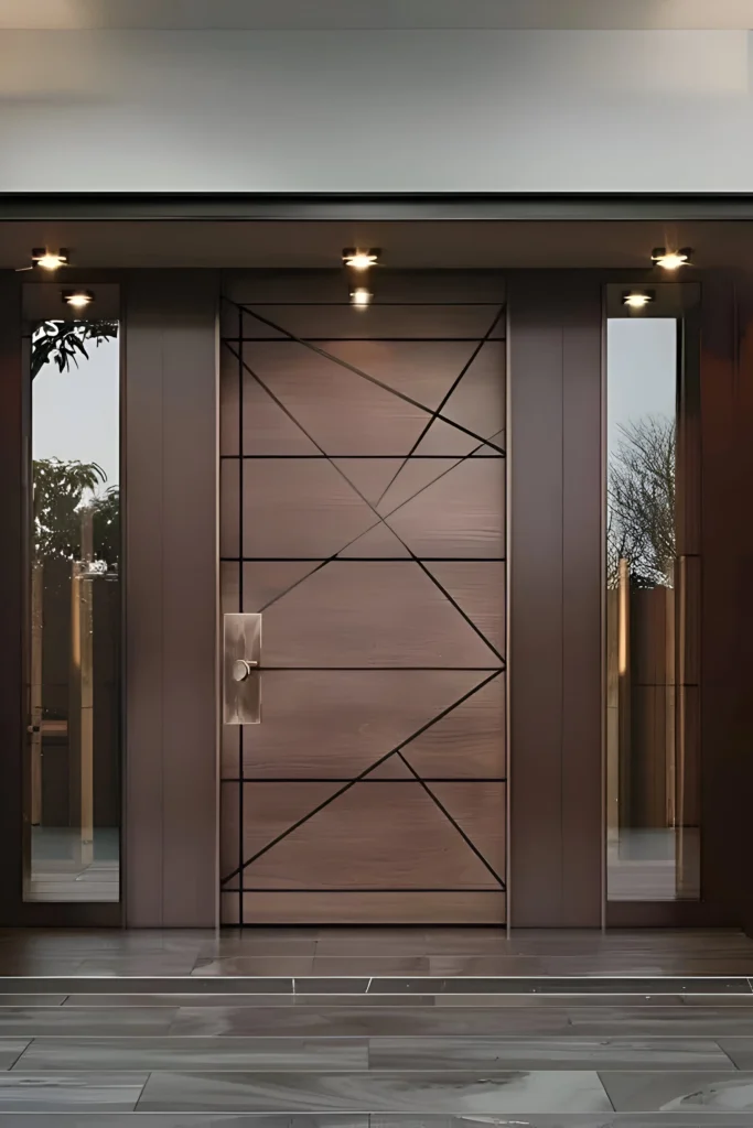 Modern front door with geometric black line patterns, natural wood finish, metallic handle, and flanking glass panels.