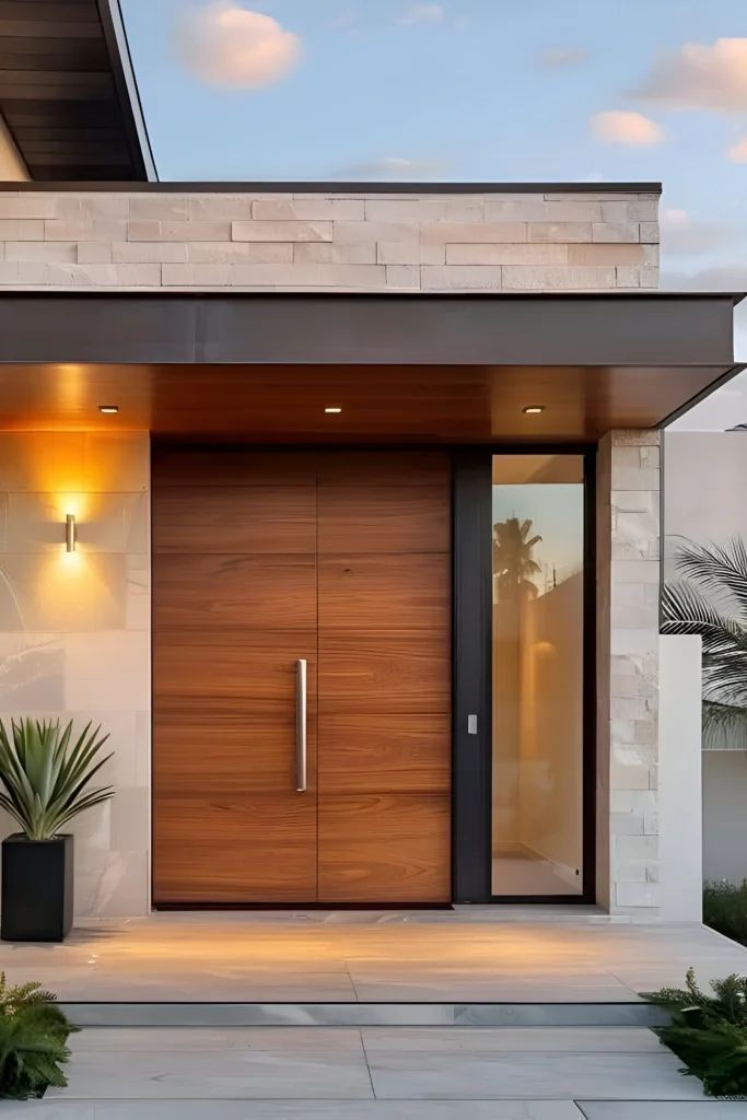 Modern wooden front door with a vertical metallic handle, frosted glass panel, and light stone facade with warm lighting.