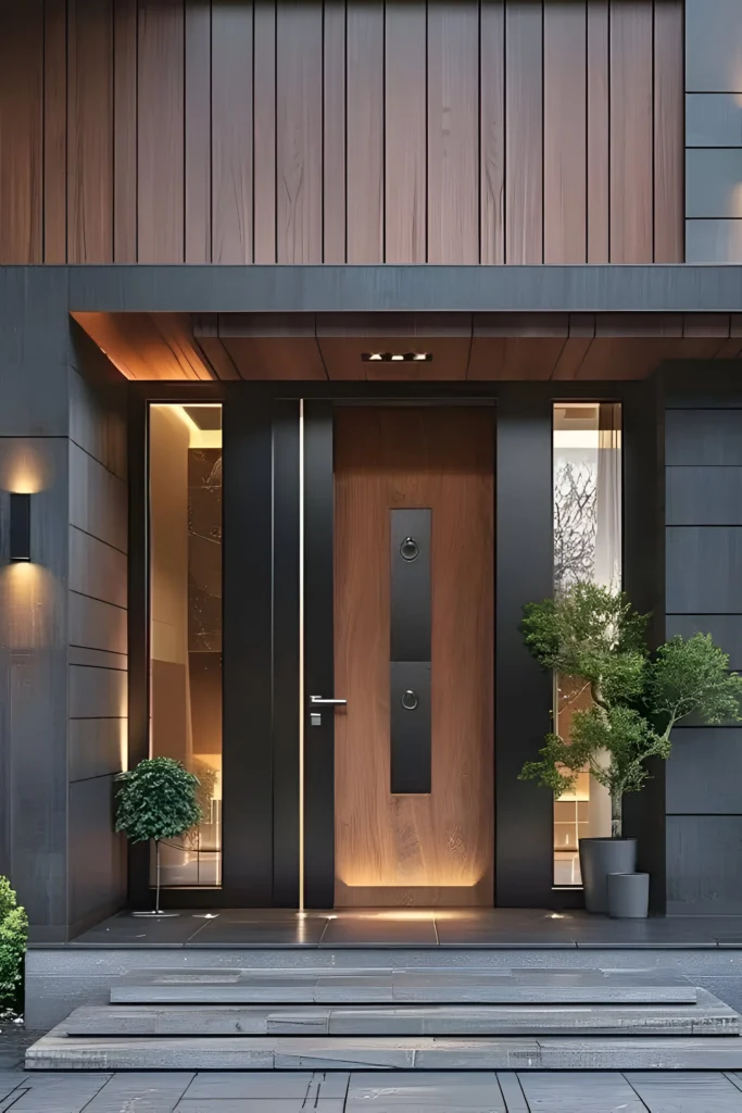 Modern wooden front door with a vertical black panel, circular inlays, flanking glass sidelights, and integrated lighting.