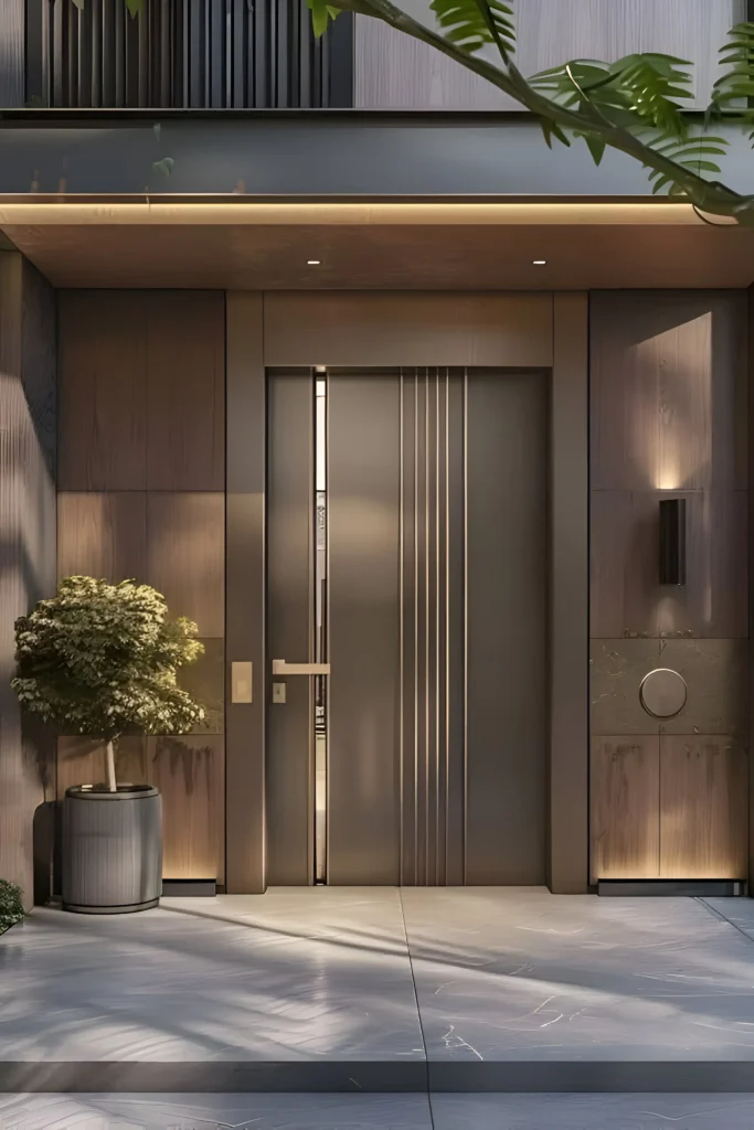 Minimalist modern front door with vertical grooves, a narrow glass inset, metallic finish, and soft accent lighting.