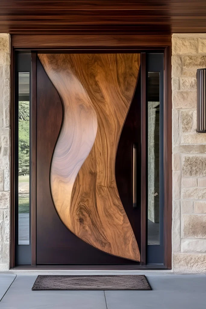 Artistic wooden front door with organic curved design, black framing, and glass sidelights, blending natural and modern elements.