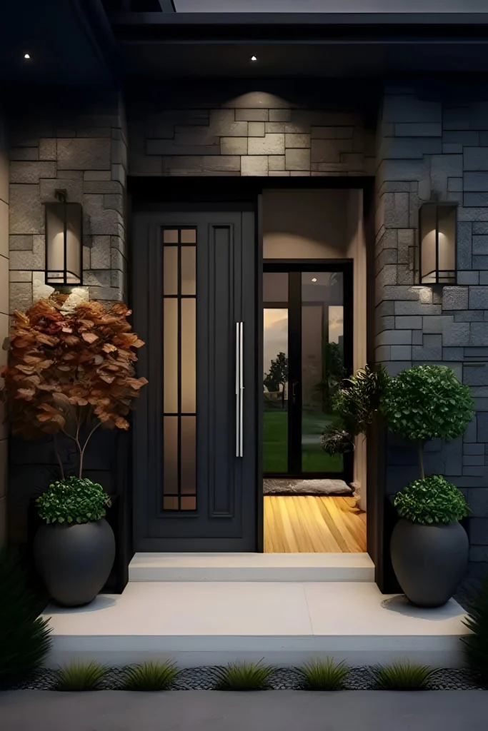 Charcoal front door with vertical glass panes, metallic handle, stone facade, and potted plants under warm lighting.