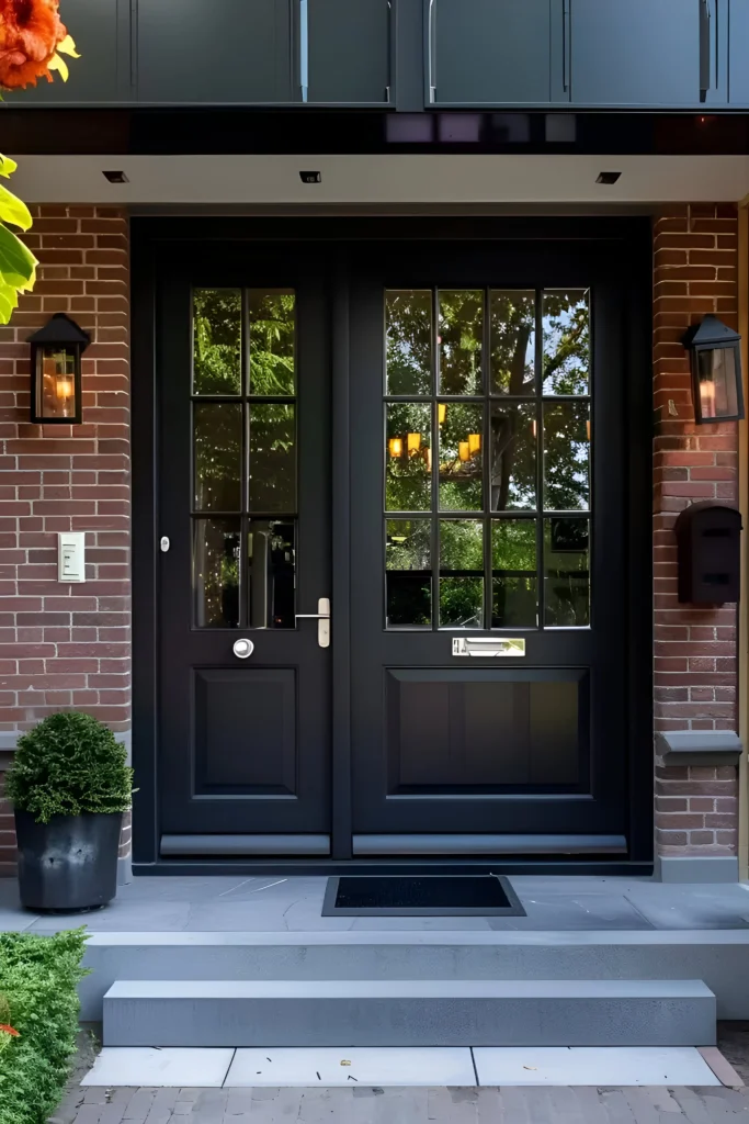 Black double front doors with glass panes, brick facade, metallic fixtures, and lantern-style lighting.