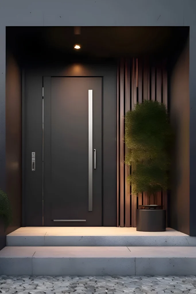 Minimalist black front door with a slim metallic handle, vertical wood slats, and soft accent lighting.