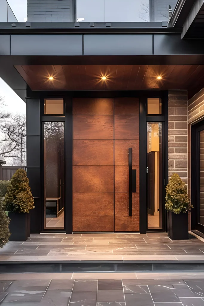 Modern wood-paneled front door with matte black accents, glass side panels, and overhead recessed lighting.