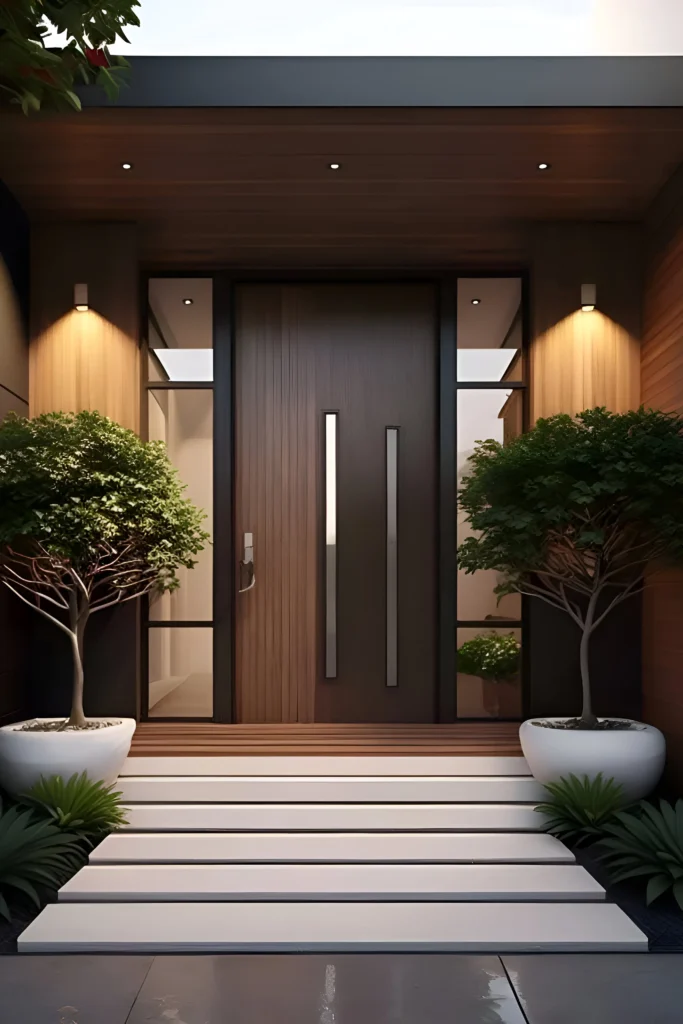 Modern dark wood front door with vertical glass inserts, sidelights, a stepped walkway, and minimalist planters.