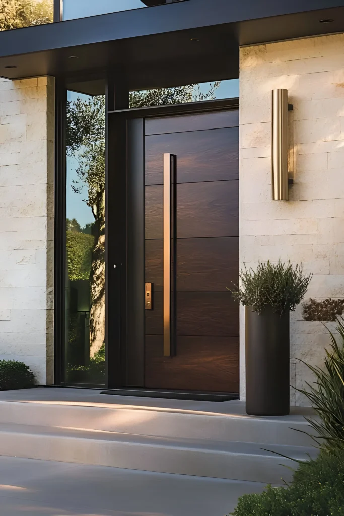 Dark wood front door with a vertical metallic handle, glass side panels, and a cream stone facade framed by planters and wall sconces.