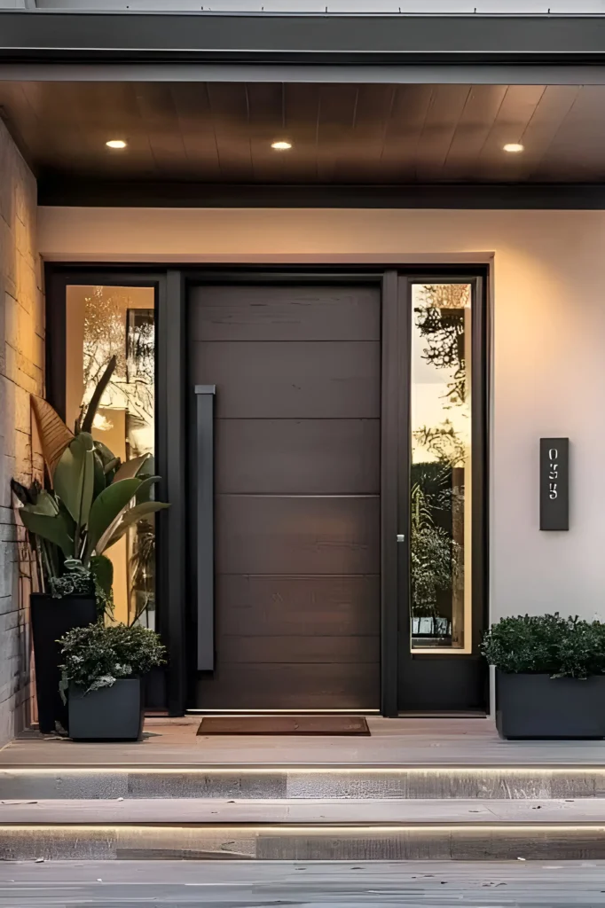 Dark wood front door with horizontal grooves, slim glass side panels, recessed lighting, and greenery in modern planters.