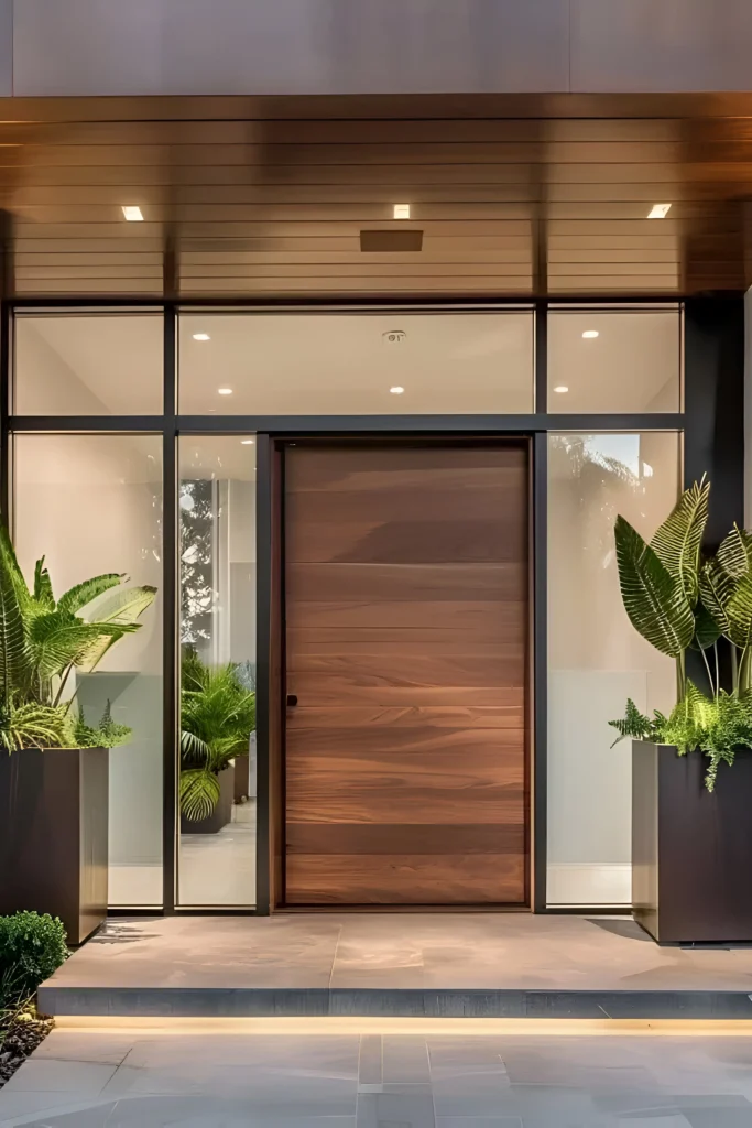 Modern wooden front door with horizontal grain, framed by glass panels, greenery in planters, and recessed lighting.