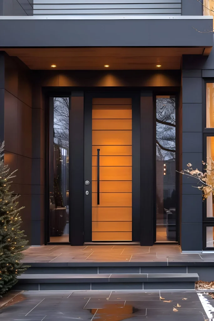 Modern front door with bright horizontal wood panels, black frame, slim black handle, and flanking glass panels.