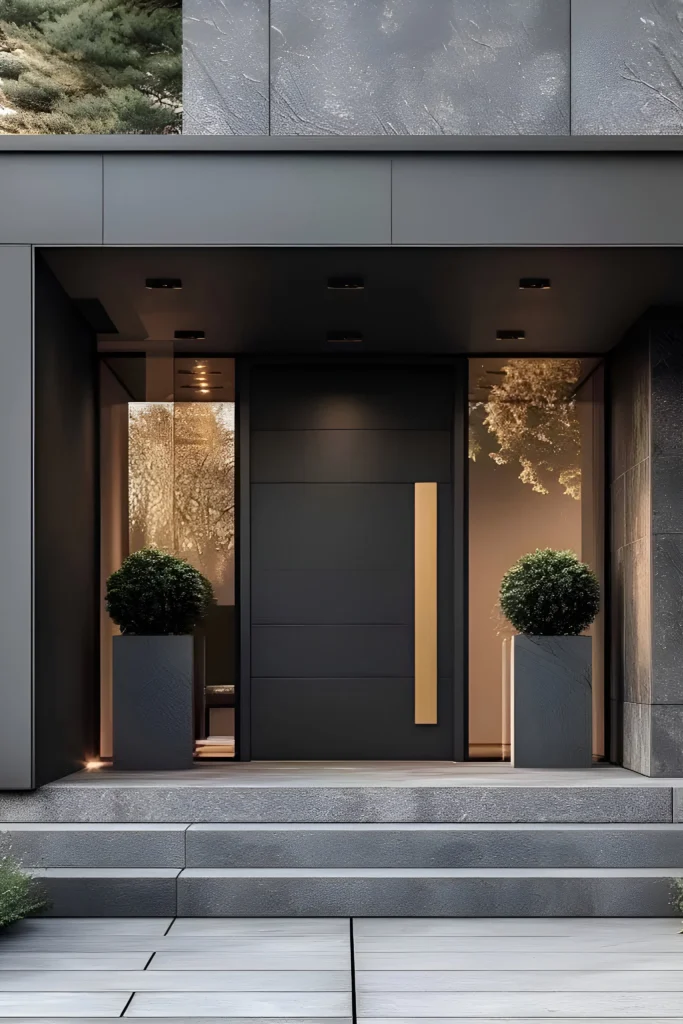 Modern black front door with horizontal paneling, a vertical gold handle, glass side panels, and greenery in planters.