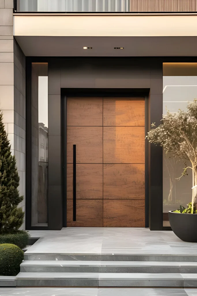 Modern wood front door with grid panel design, black frame, vertical handle, and flanking glass panels framed by clean steps.