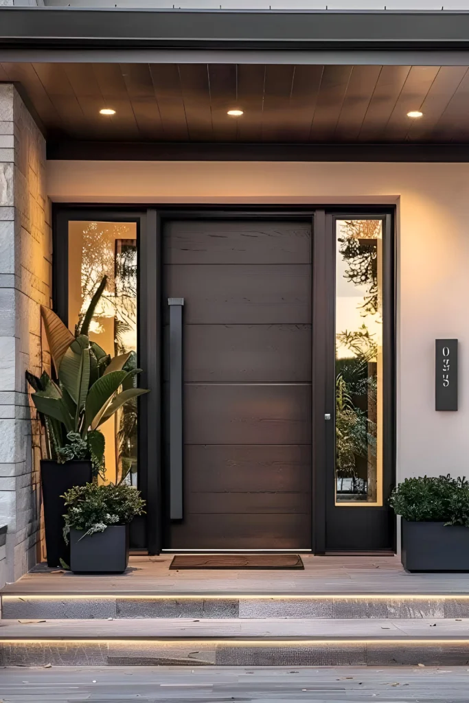 Modern dark wood front door with horizontal panels, glass side panels, black frame, and integrated lighting with potted greenery.

30 Modern Front Doors That Make a Stunning First Impression