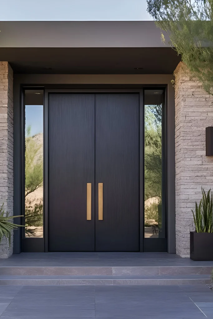 Modern black double doors with vertical texture, brass handles, glass side panels, and a stone facade framed by greenery.