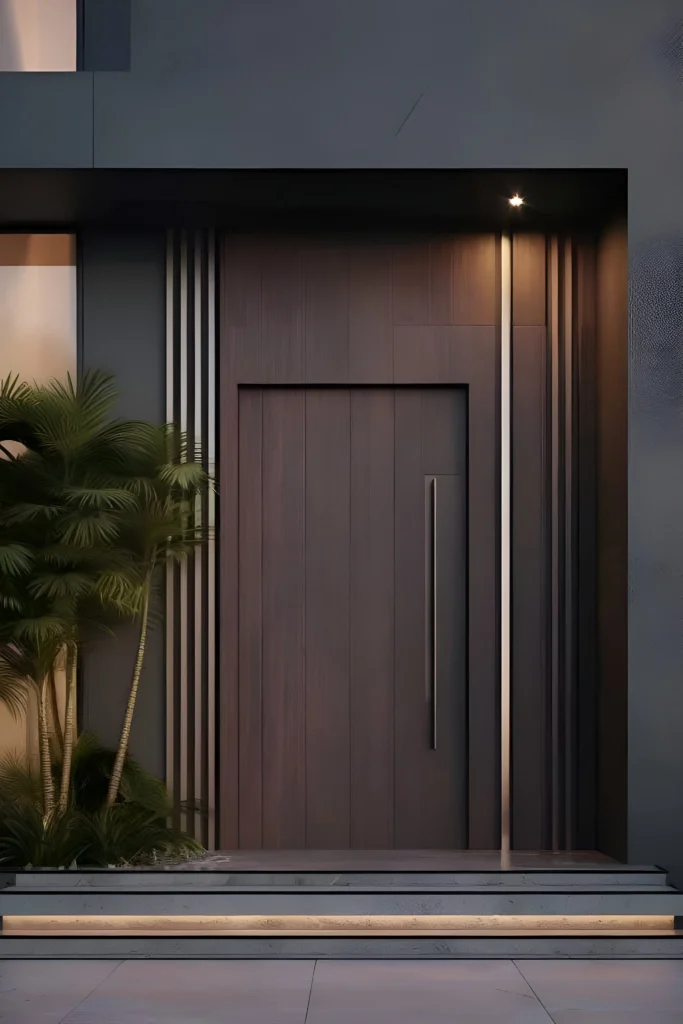 Modern dark wood front door with vertical accents, slim handle, step lighting, and palm greenery.