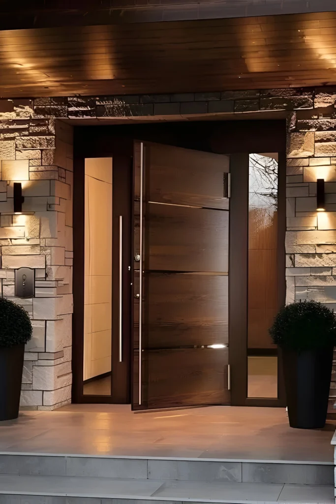 Modern pivot-style wooden front door with horizontal metal inlays, stone facade, wall sconces, and black planters.