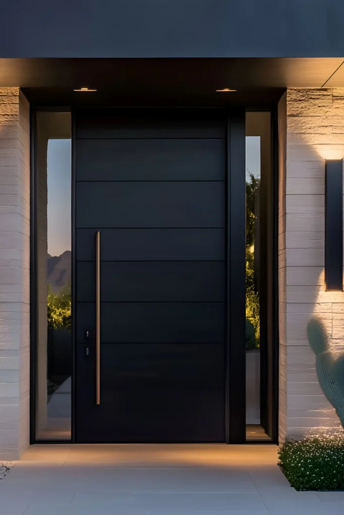 Modern matte black front door with gold handle, side glass panels, and subtle underlighting against a textured wall.