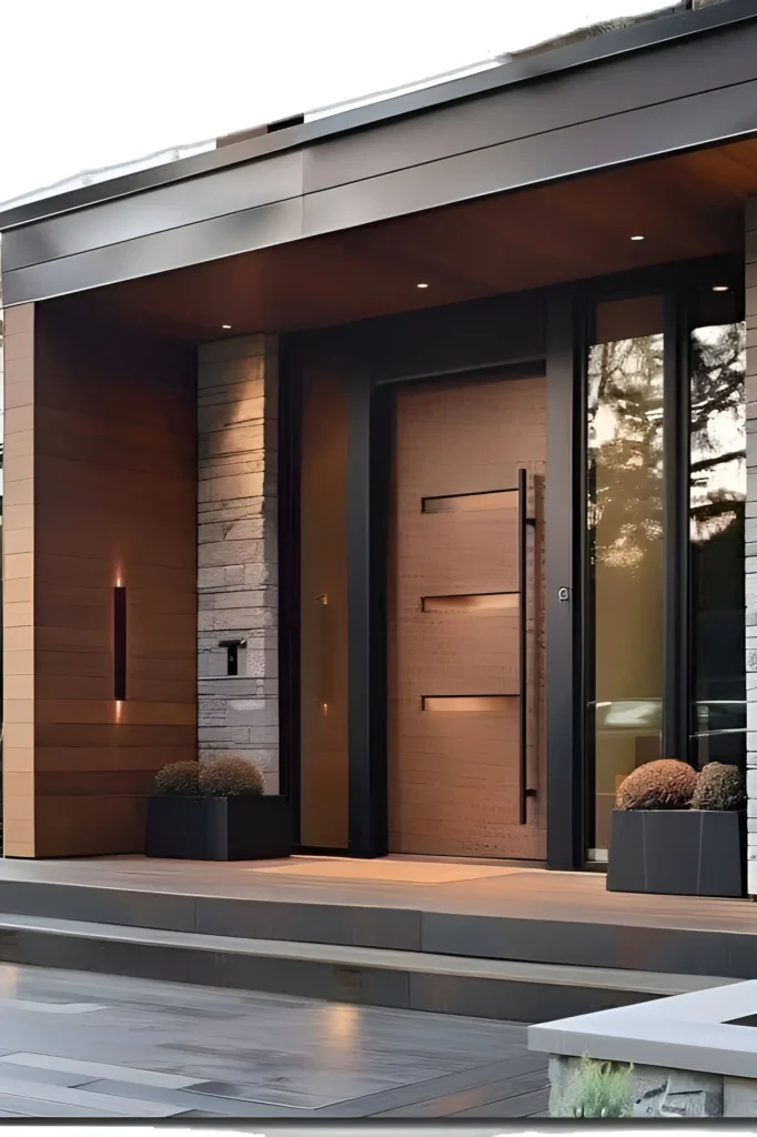 Modern front door with horizontal wood paneling, glass side elements, and subtle integrated lighting in a warm and inviting entryway.