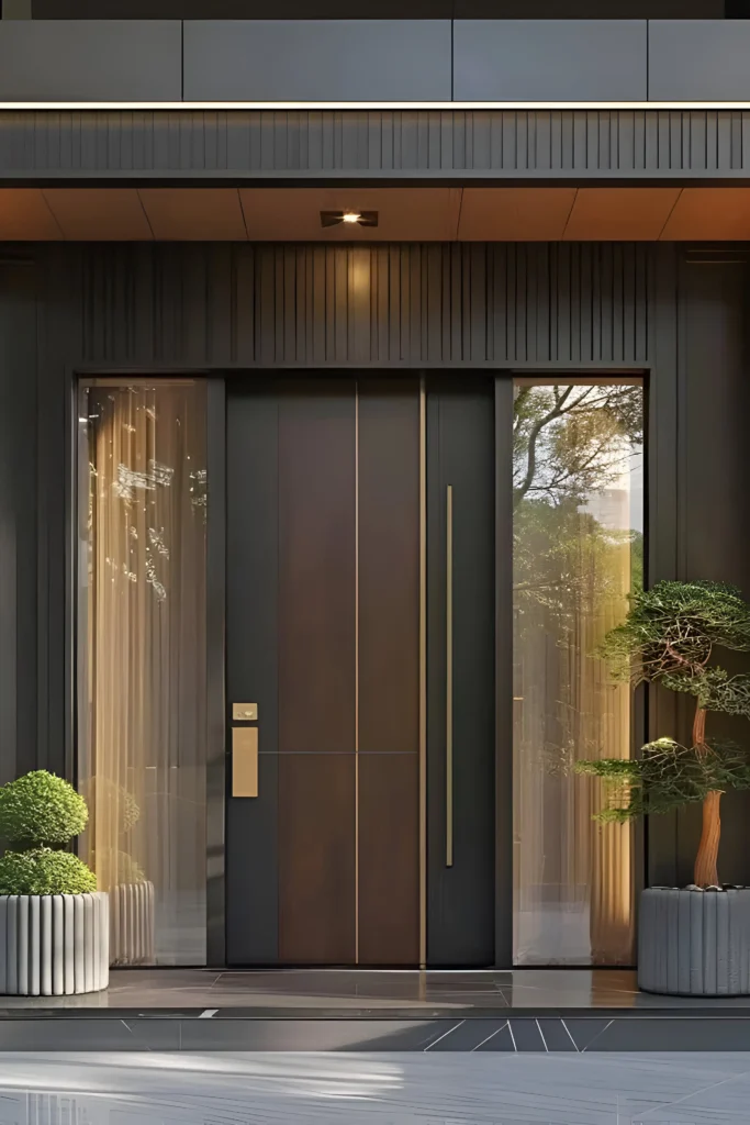 Modern black front door with metallic accents, flanked by glass panels and vertical wood slats, creating a sleek and stylish entryway.