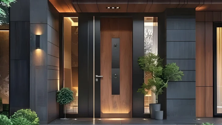 Modern front door featuring warm wood tones with black metal accents, glass side panels, and surrounding potted greenery.