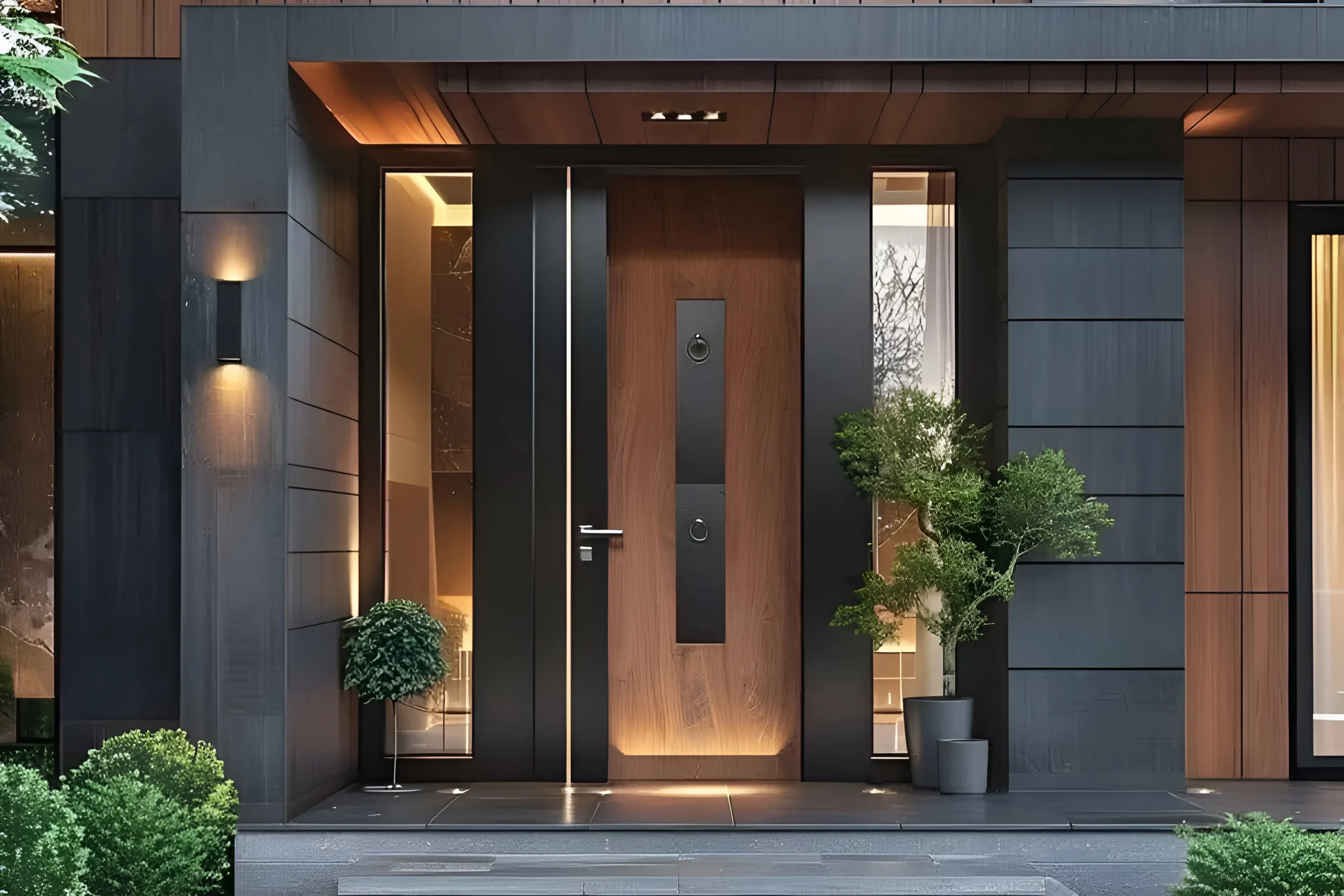 Modern front door featuring warm wood tones with black metal accents, glass side panels, and surrounding potted greenery.