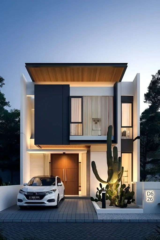 Modern house with a geometric facade, dark panels, wooden accents, and illuminated landscaping featuring a large cactus.