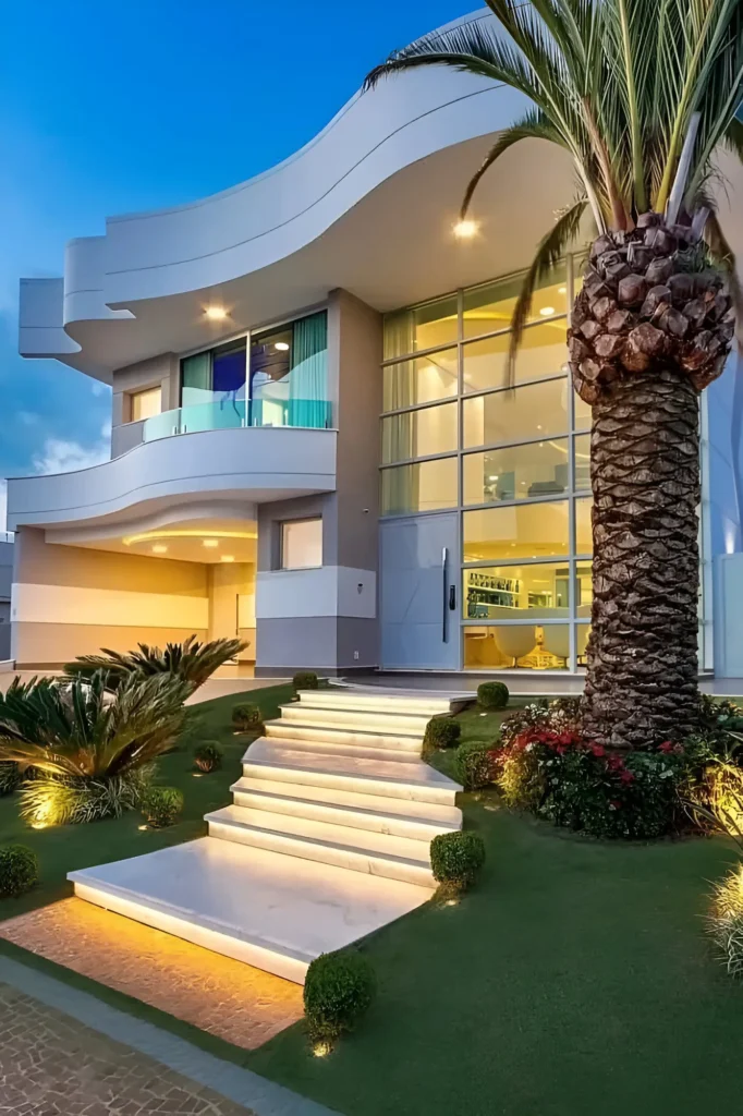 Modern house with wave-inspired architecture, glass facade, marble steps, and illuminated garden landscaping featuring a palm tree.