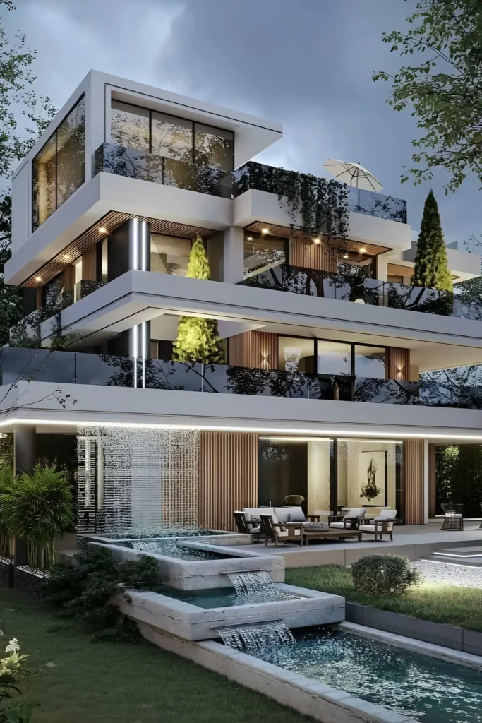 Contemporary multi-tiered house with greenery-covered terraces, cascading waterfall, tiered pools, and sleek minimalist architecture.