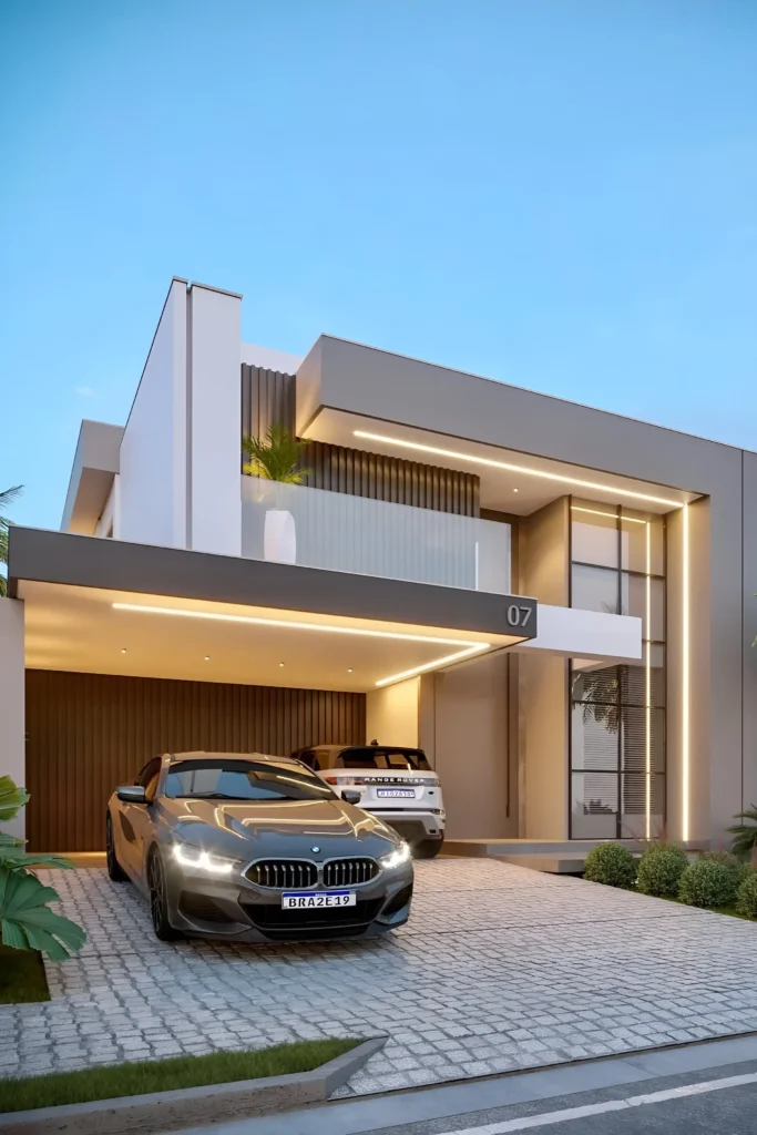 Modern minimalist house with an open garage, vertical wooden panels, integrated LED lighting, and a clean architectural design.