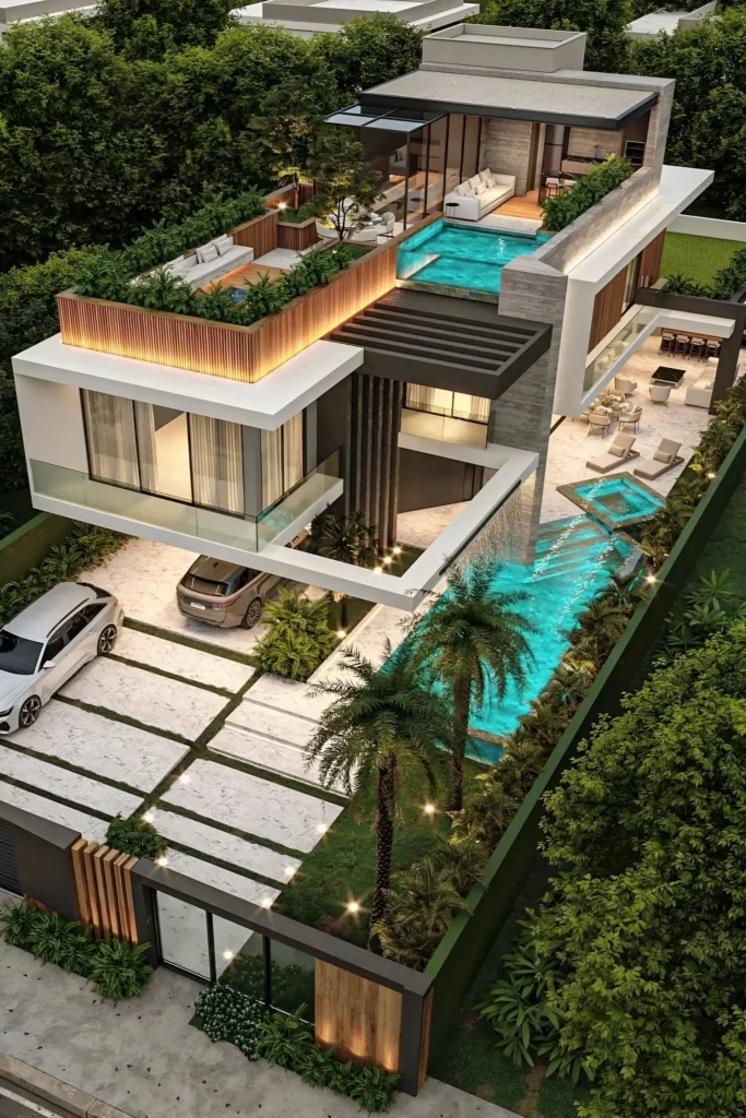 Multilevel modern house with rooftop pool, cascading waterfalls, lush greenery, and sleek architectural design.