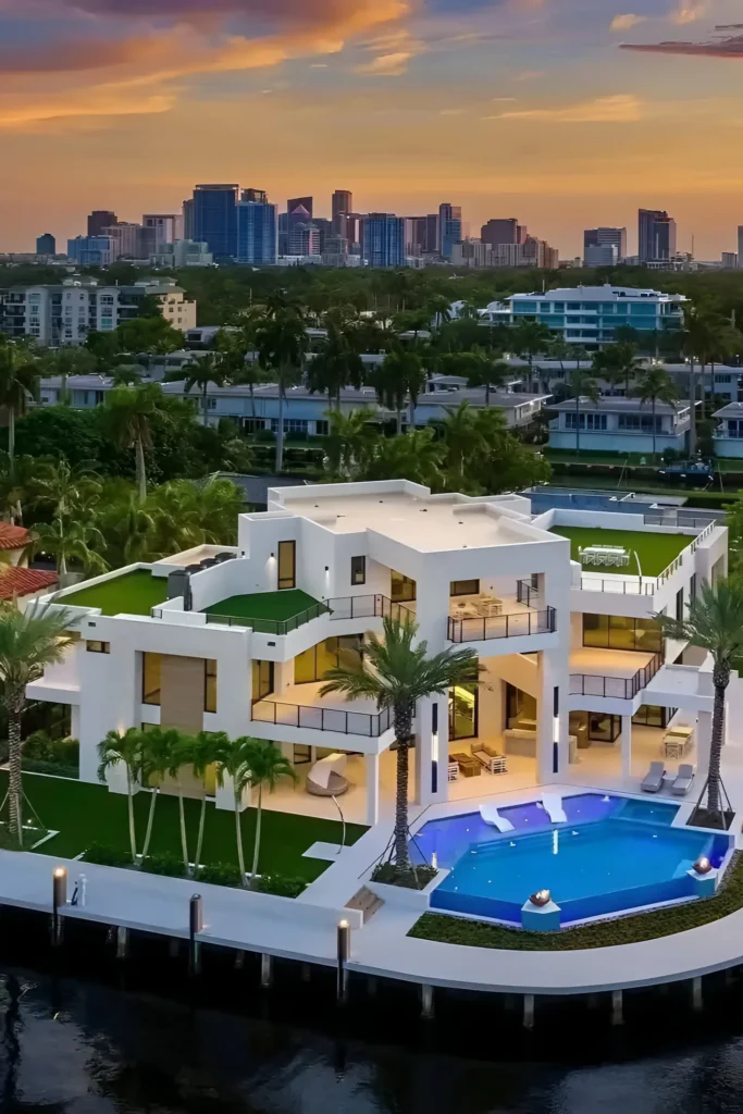 Modern waterfront villa with rooftop green spaces, infinity pool, palm trees, and expansive balconies overlooking a canal.